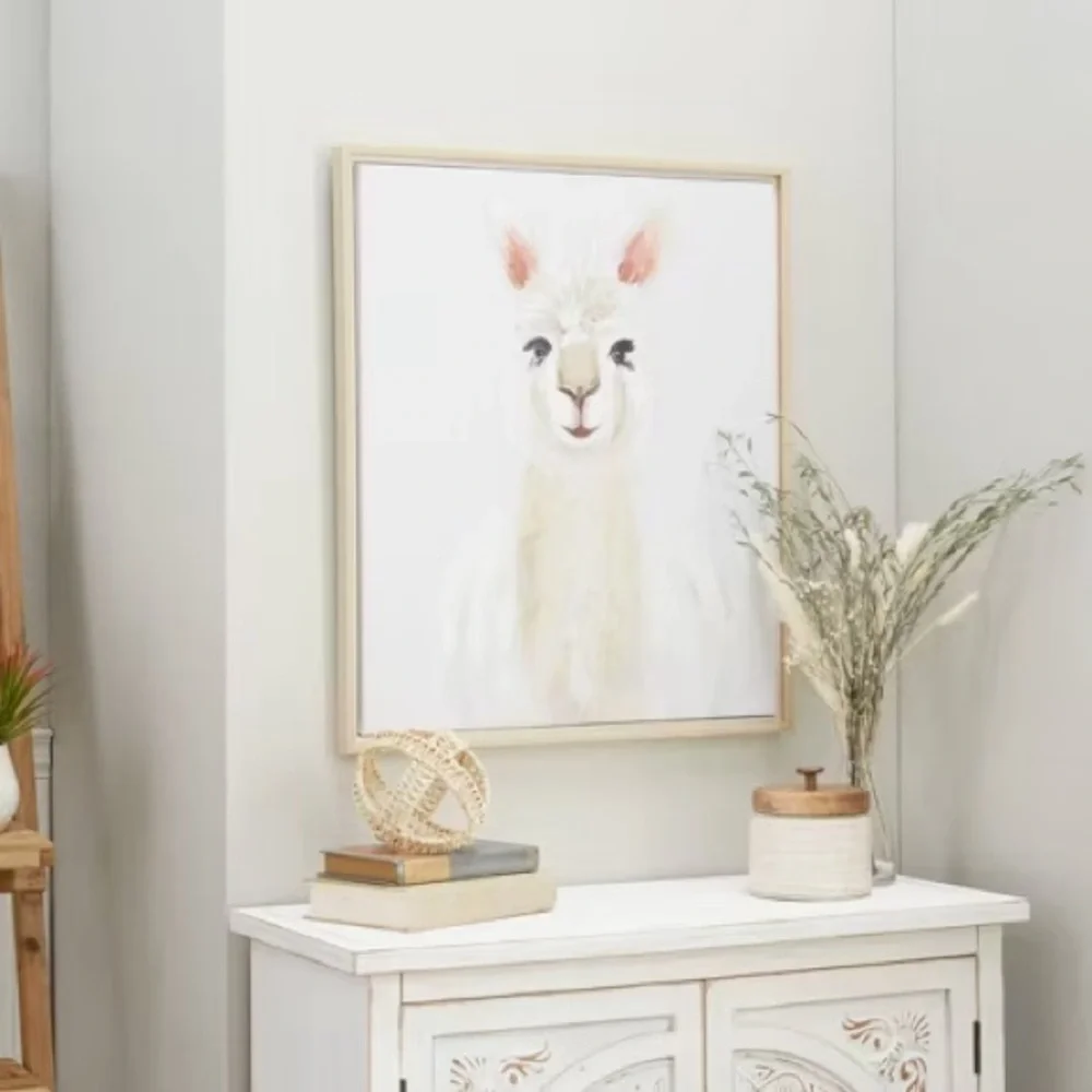 CosmoLiving Llama Framed Canvas Wall Art 24x28 White French Country Decor New‎